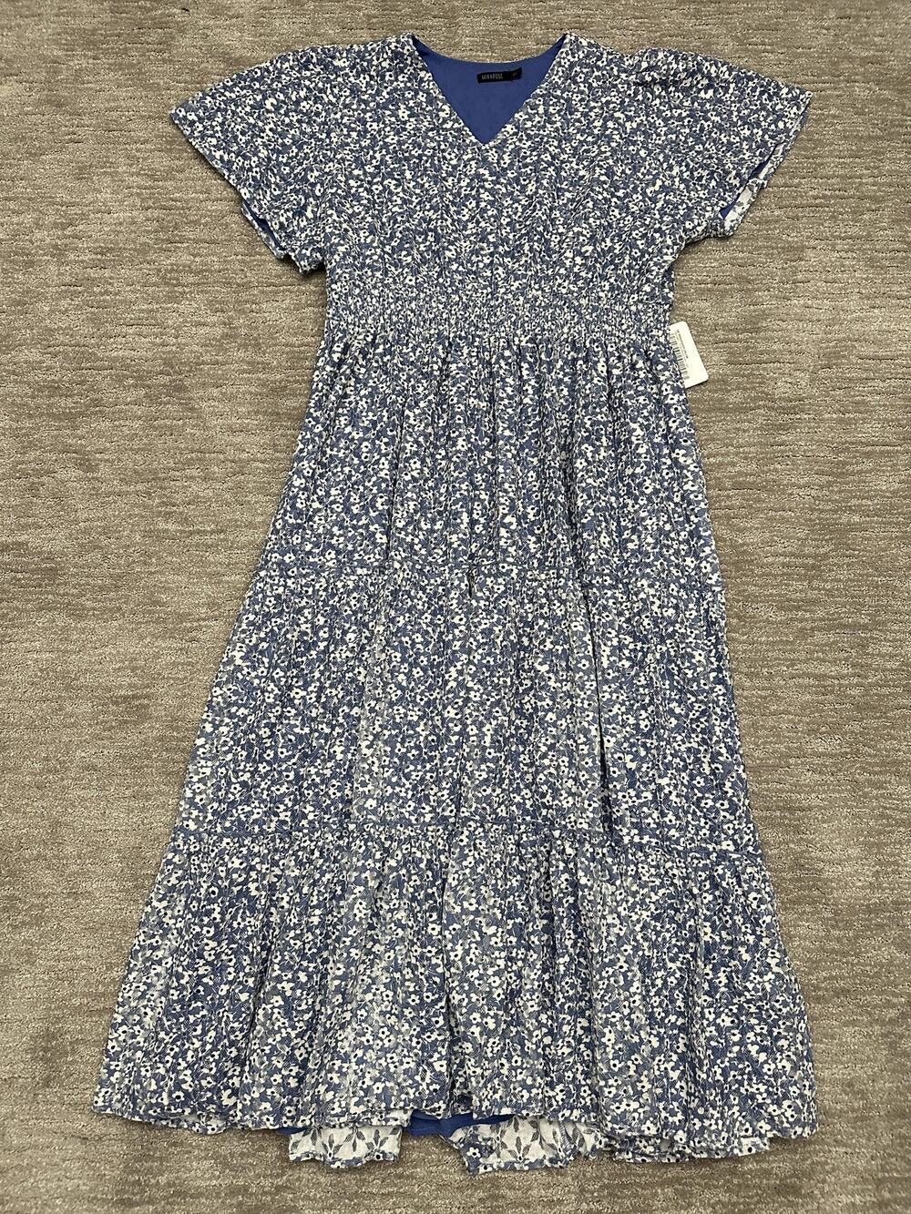 Mikarose Dress Womens XXL Blue Floral Lace Maxi Smocked V Neck Flutter Sleeve